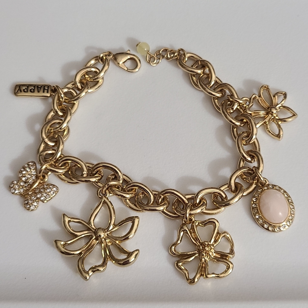 NRO charm Bracelet Butterfly Flowers Happy Rhinestones Glass Gold Tone